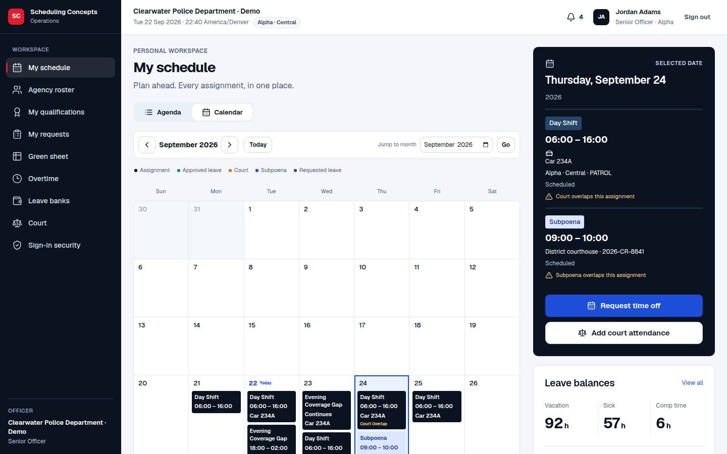 Officer calendar showing shift times, car assignments, leave balances and a court conflict in the demo environment